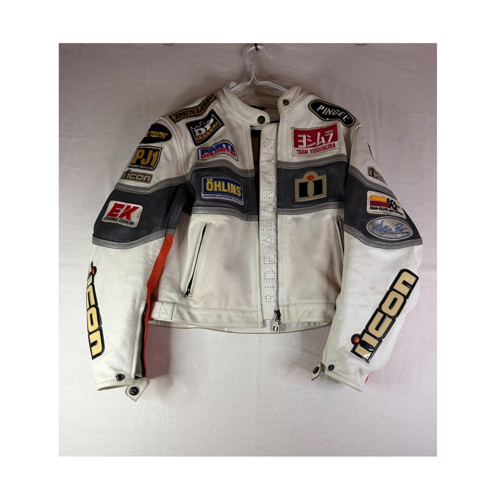 Icon Neo Daytona Leather Motorcycle Racing Jacket White Orange Gray Mens Large